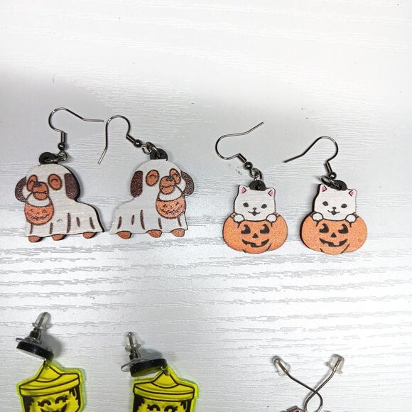 Halloween Earring Lot of 6 Gothic Black Cat Skeleton Pumpkin Ghost Dog Cat Spell - Picture 5 of 8